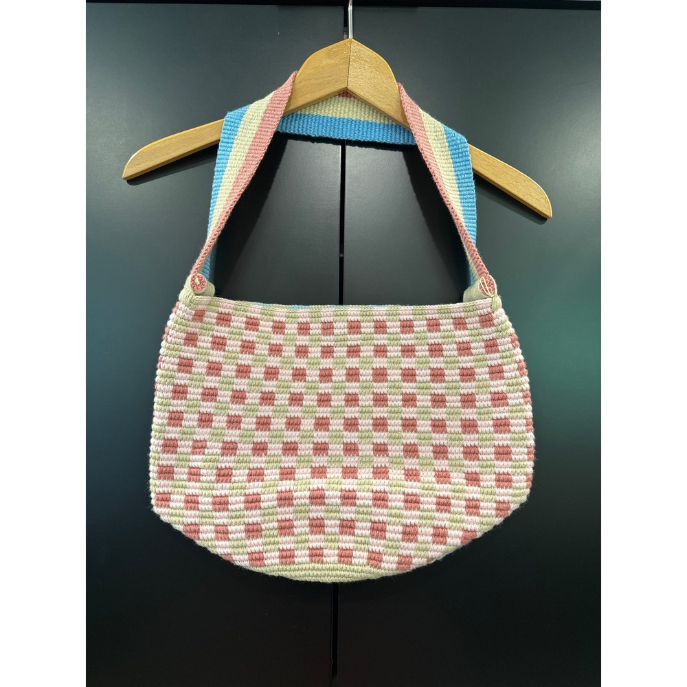 Soraya Hennessy Handmade Woven Checkered Shoulder Bag Blue Pink Cream NWT